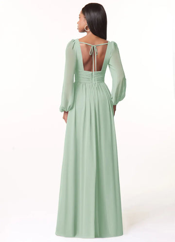 A-Line/Princess Chiffon Plunging Neck Long Sleeves Bridesmaid Dresses Wedding Guest Dresses With Slit