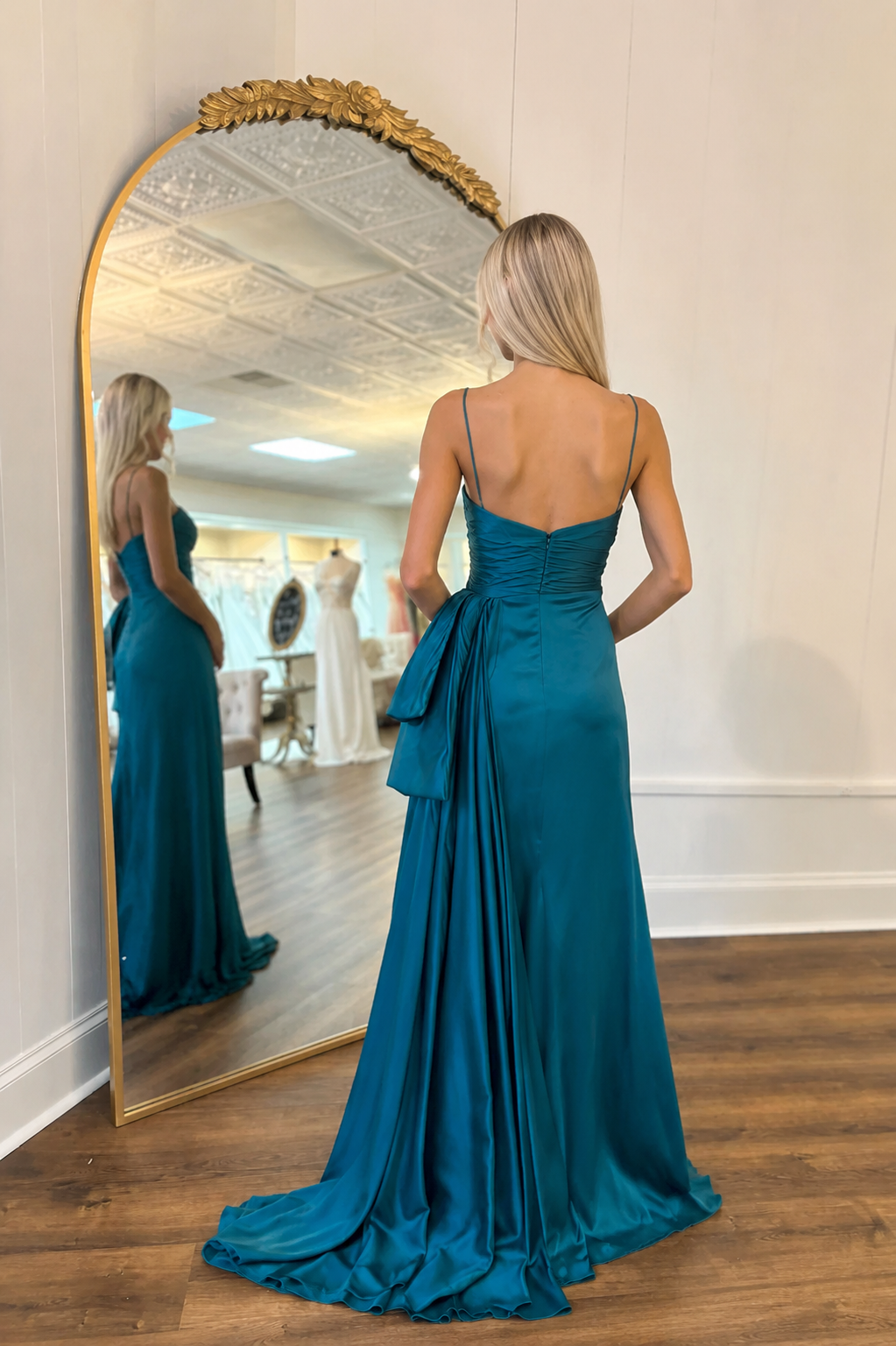 Spaghetti Strap Sweetheart Bow Keyhole Pleated Satin High Slit Prom Evening Gown