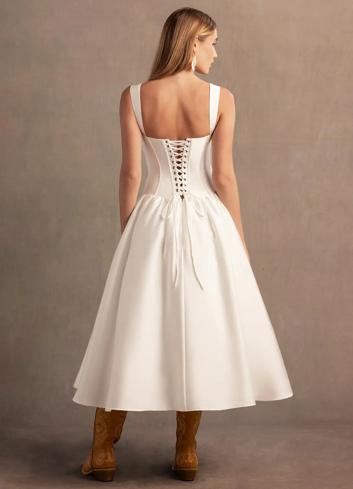Aline Sweetheart Sleeveless Satin Midi Length Split Laceup Corset Dropped Waist Party Dress
