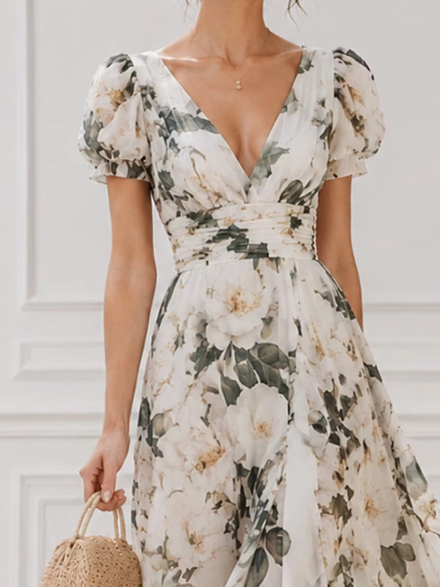 Floral A-line V-neck Puff Sleeve Low Back Midi Bridesmaid Dress