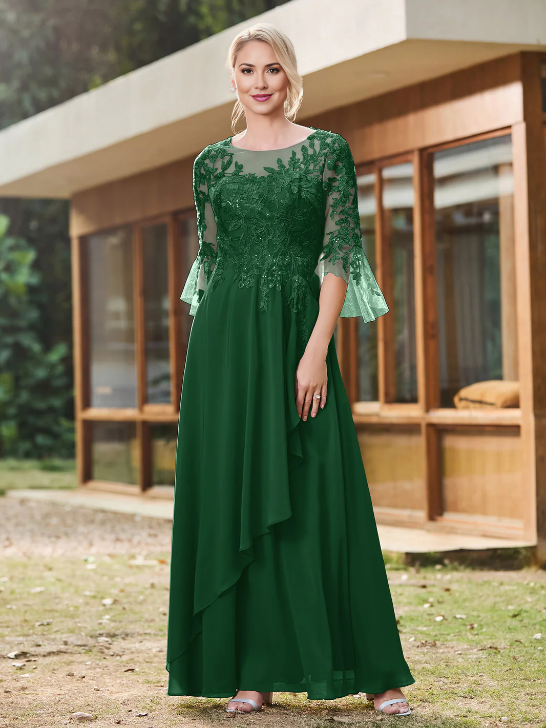 Lace Appliques Chiffon Mother of the Bride Dress, Illusion Neck 3/4 Bell Sleeve Wedding Guest Dress