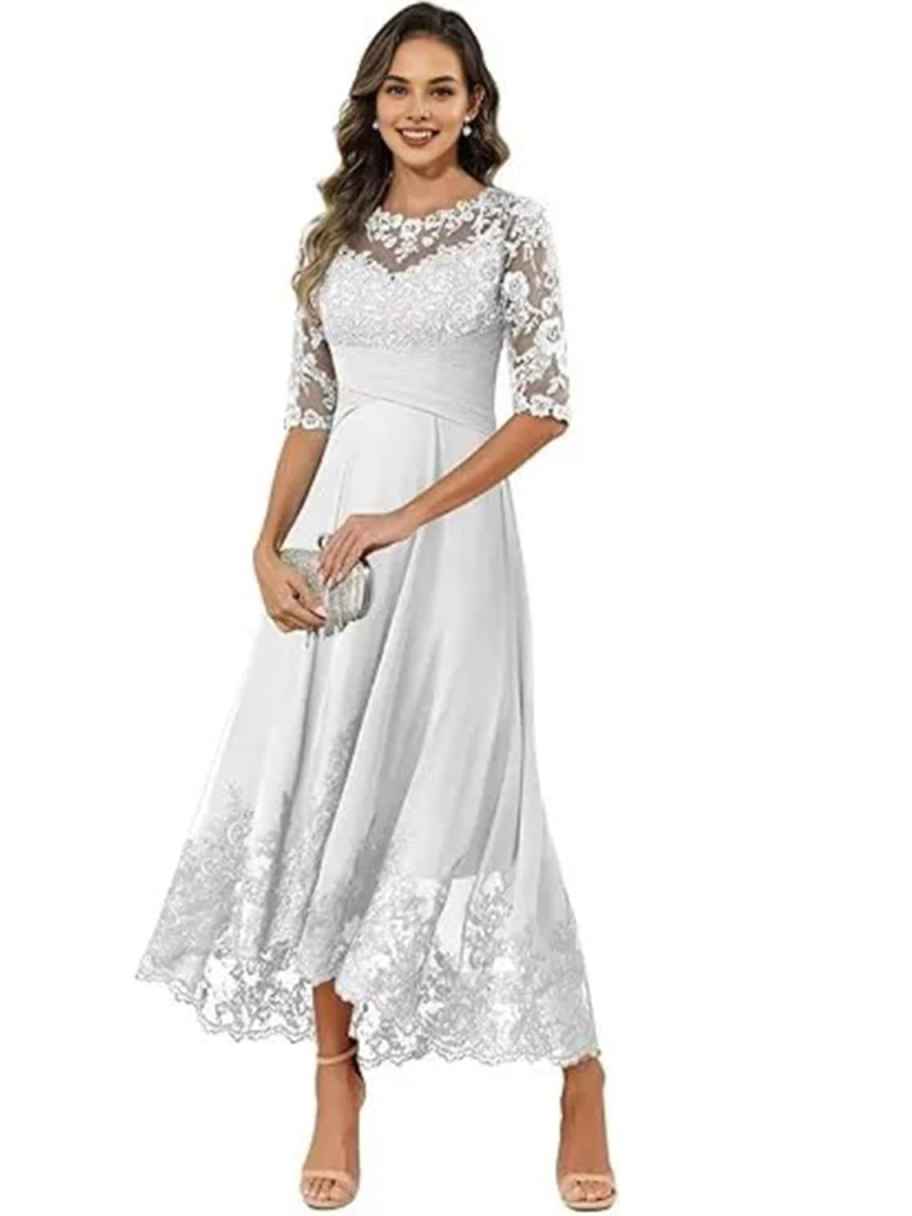 Lace Chiffon Mother of the Bride Dress - 3/4 Sleeve Tea Length Formal Wedding Guest Dress with Keyhole Back