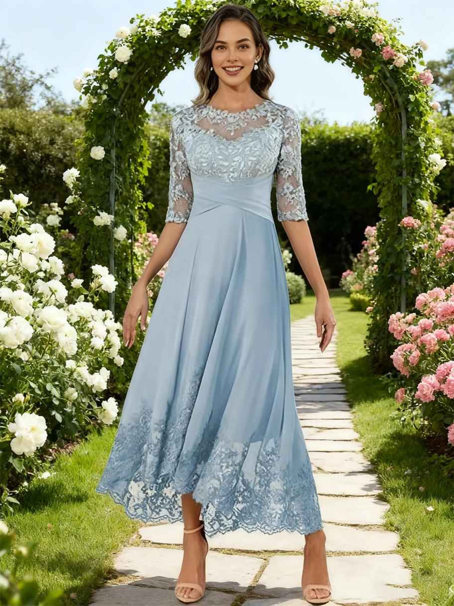 Lace Chiffon Mother of the Bride Dress - 3/4 Sleeve Tea Length Formal Wedding Guest Dress with Keyhole Back