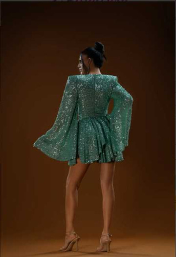 Shimmering Sequin Deep V Flare Sleeve Mini Dress - Party/Club/Event Wear