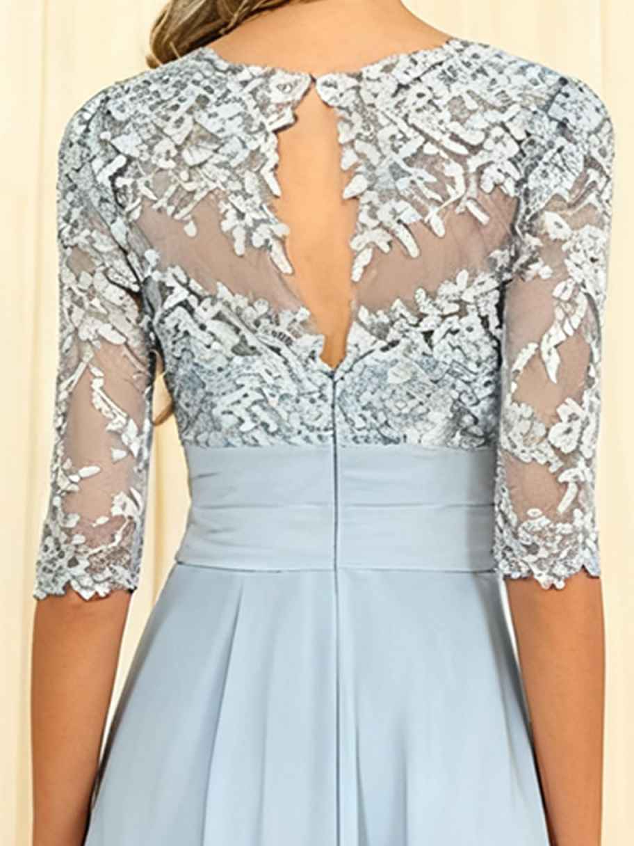Lace Chiffon Mother of the Bride Dress - 3/4 Sleeve Tea Length Formal Wedding Guest Dress with Keyhole Back