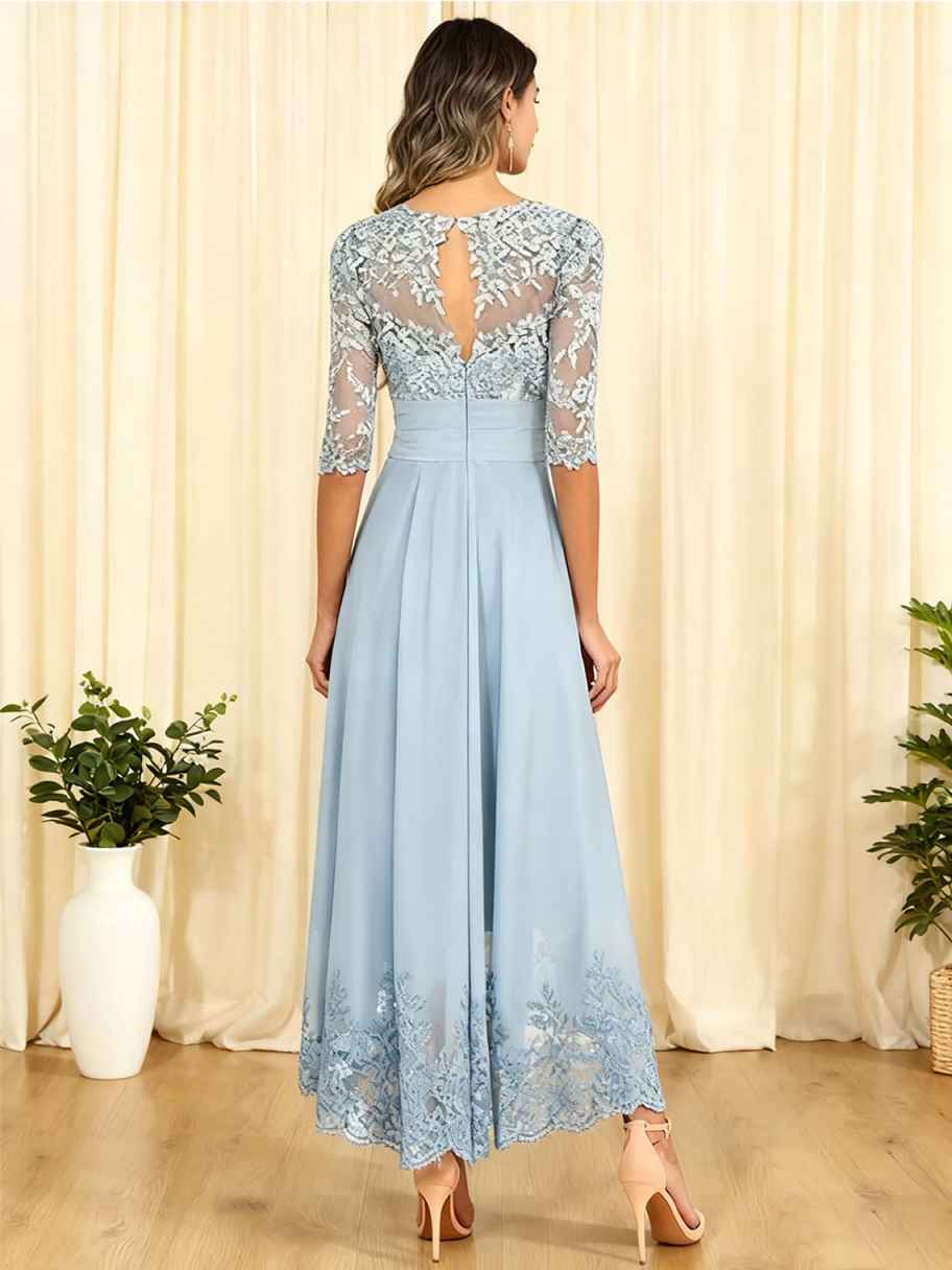Lace Chiffon Mother of the Bride Dress - 3/4 Sleeve Tea Length Formal Wedding Guest Dress with Keyhole Back