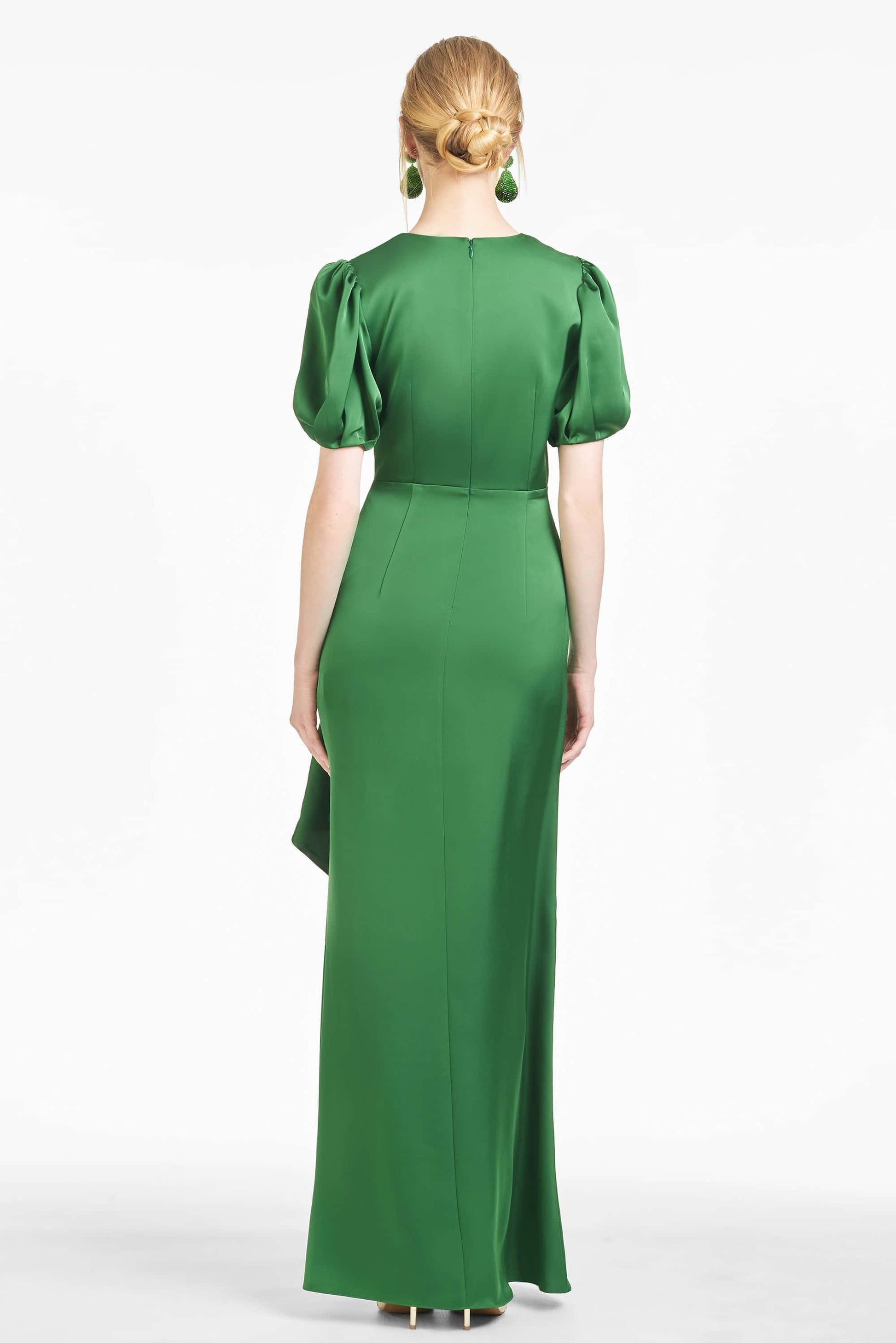 Women's Elegant V-Neck Puff Sleeve Gown with Asymmetric Ruffle Detail