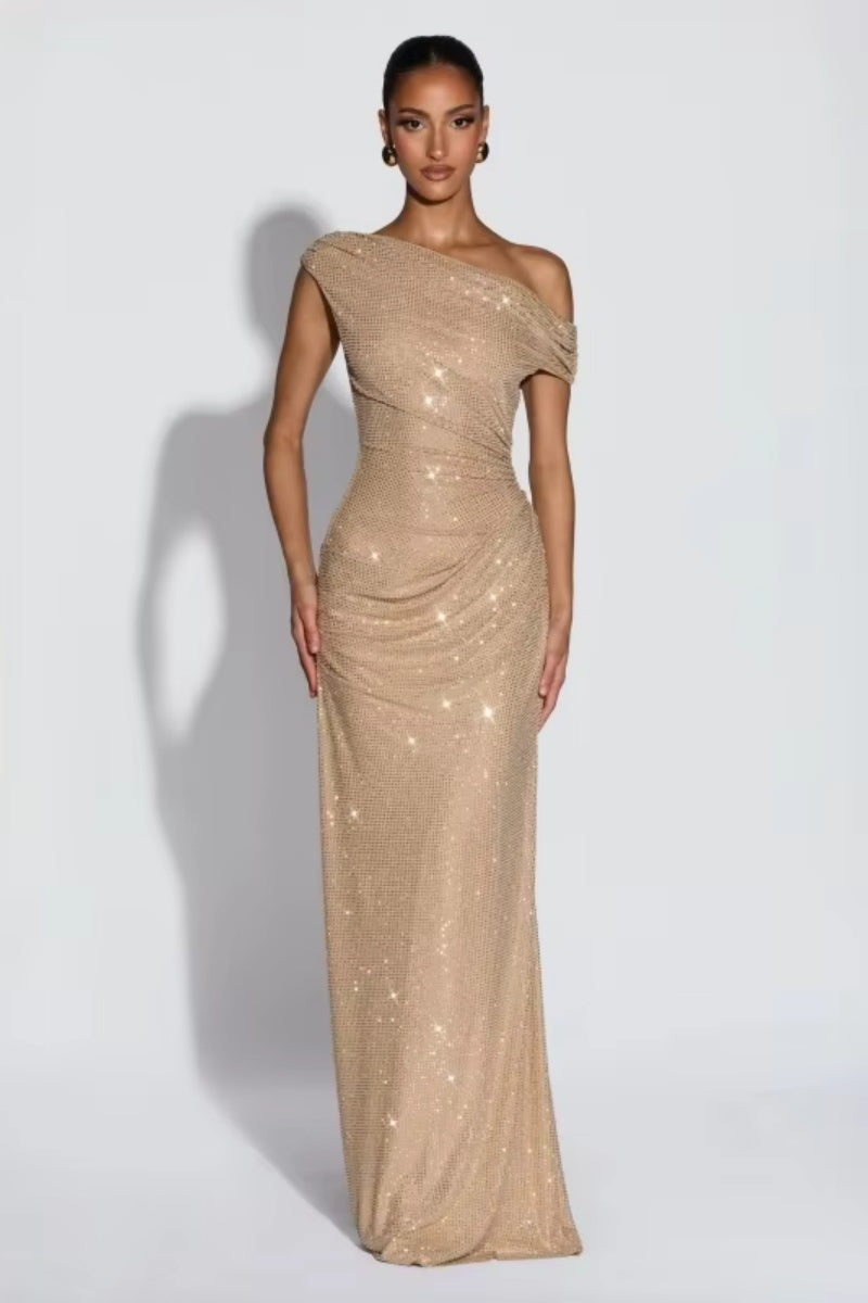 Off Shoulder Mermaid Maxi Dress Draped Ruched Sparkly Formal Evening Gown