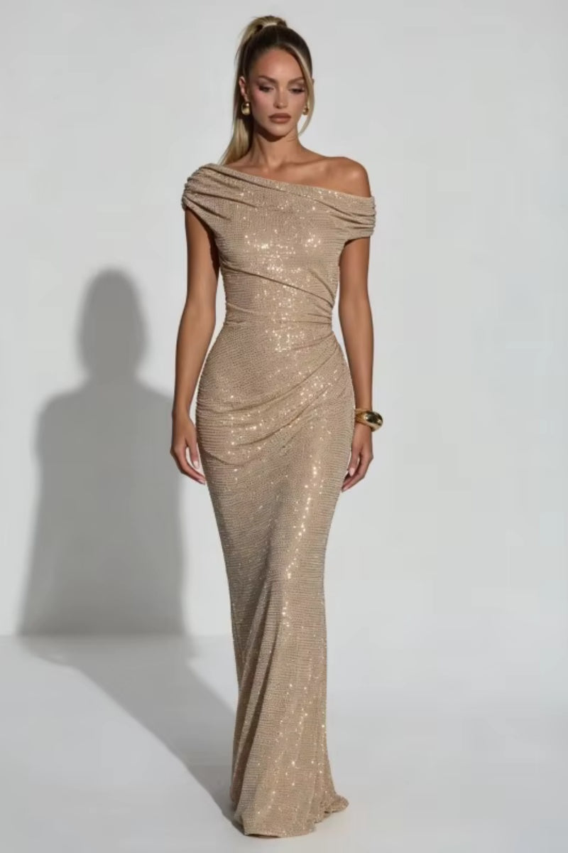 Off Shoulder Mermaid Maxi Dress Draped Ruched Sparkly Formal Evening Gown