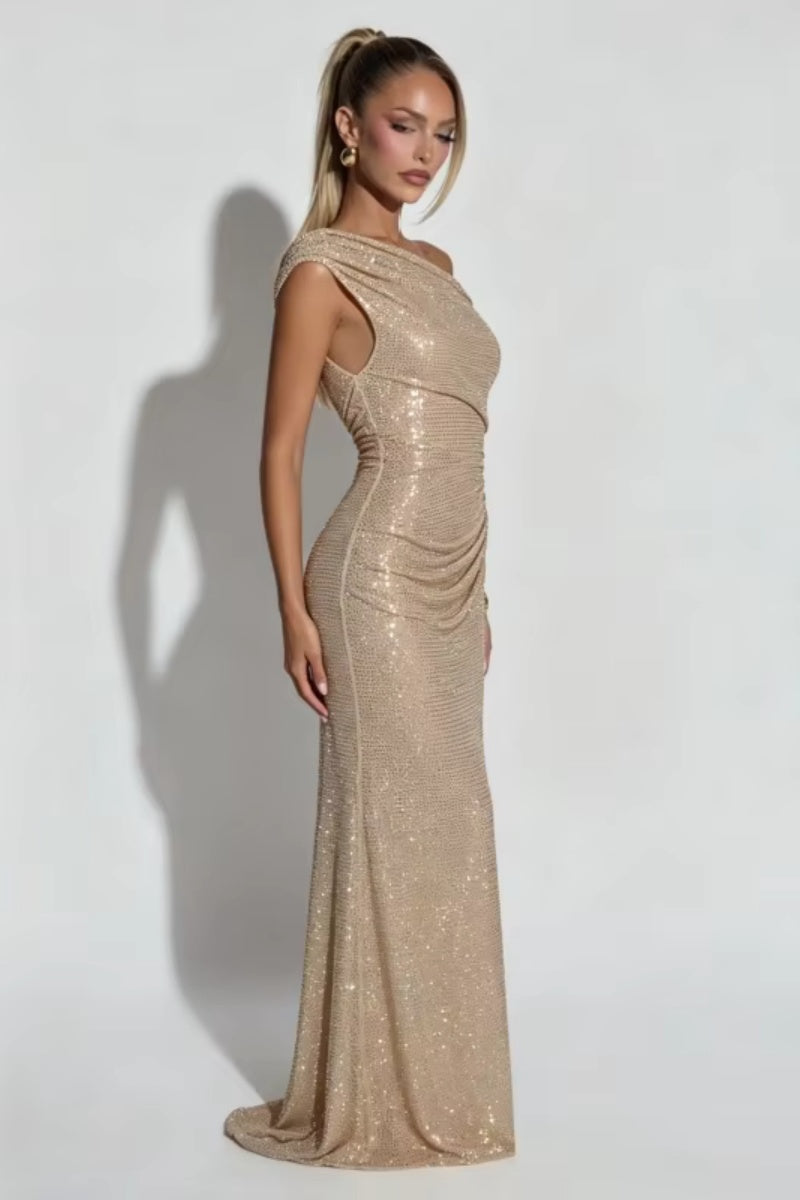 Off Shoulder Mermaid Maxi Dress Draped Ruched Sparkly Formal Evening Gown
