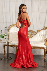 Women's Sequin Mermaid Evening Gown Spaghetti Strap Deep V-Neck with Scalloped Trim, High Slit and Train Formal Prom Dress for Wedding Guest & Party