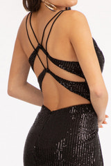 Women's Sequin Mermaid Evening Gown Spaghetti Strap Deep V-Neck with Scalloped Trim, High Slit and Train Formal Prom Dress for Wedding Guest & Party
