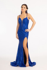 Women's Sequin Mermaid Evening Gown Spaghetti Strap Deep V-Neck with Scalloped Trim, High Slit and Train Formal Prom Dress for Wedding Guest & Party