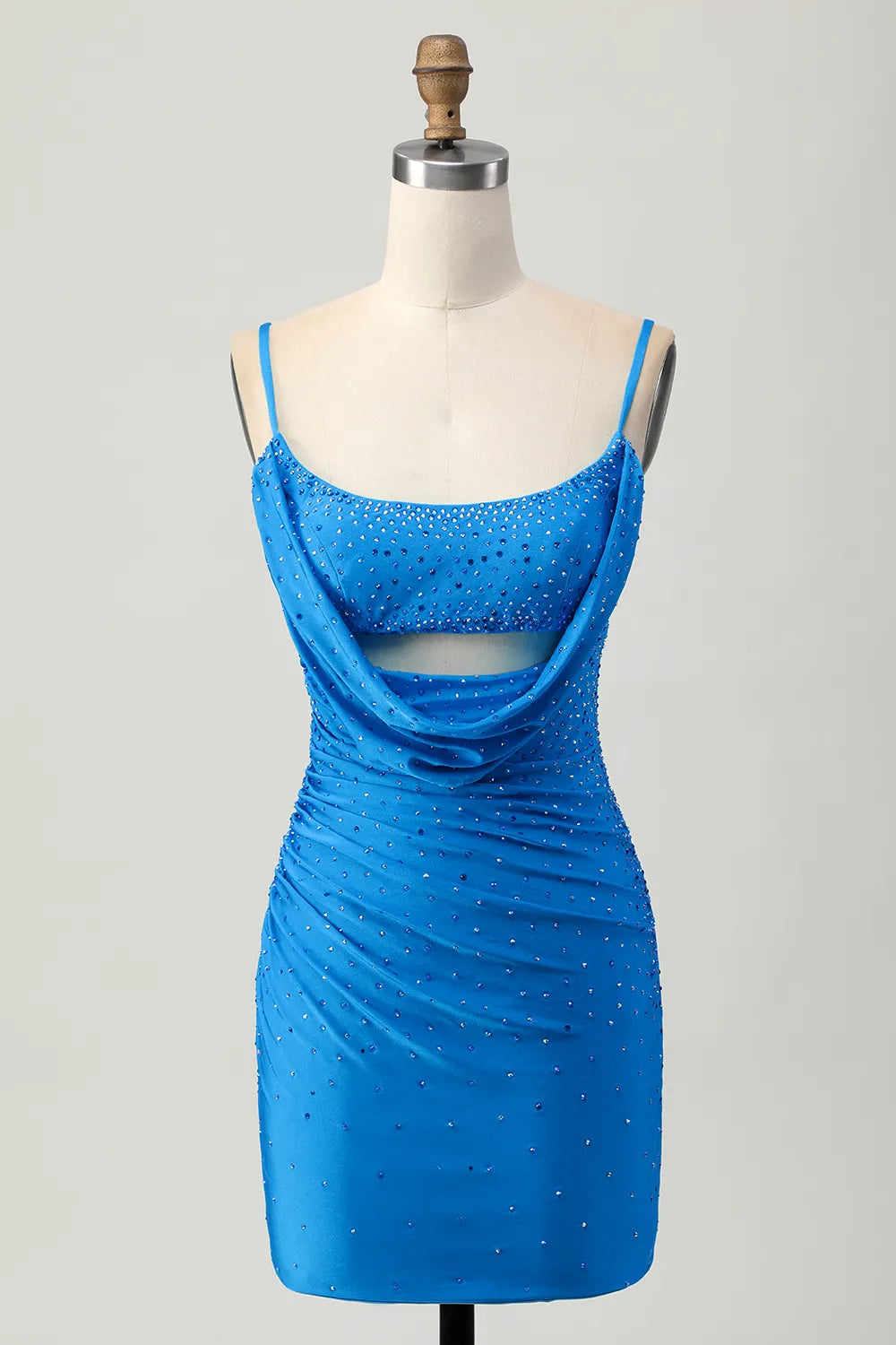 Rhinestone Embellished Cowl Neck Cutout Spaghetti Strap Lace-Up Back Bodycon Mini Homecoming Dress