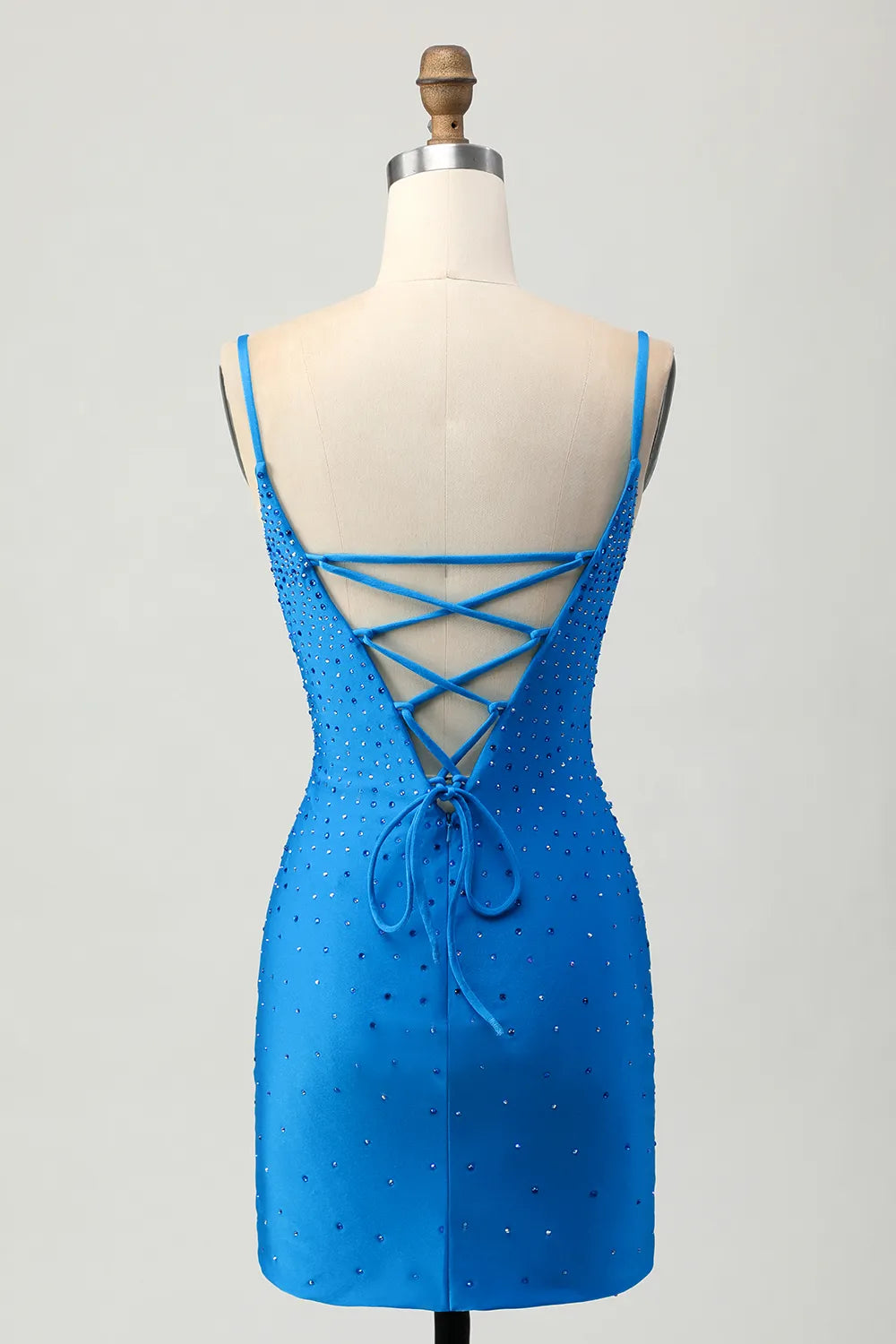 Rhinestone Embellished Cowl Neck Cutout Spaghetti Strap Lace-Up Back Bodycon Mini Homecoming Dress
