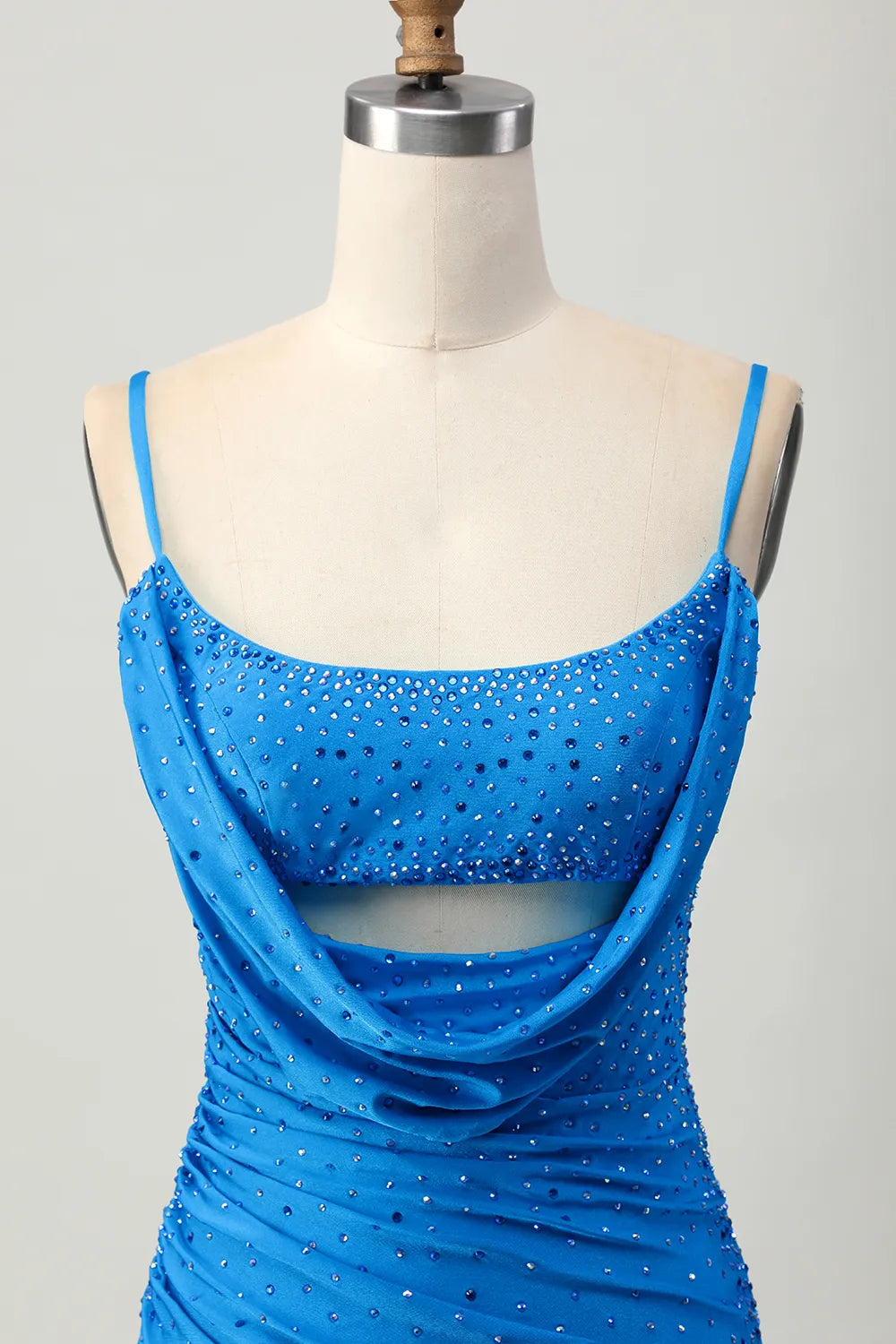Rhinestone Embellished Cowl Neck Cutout Spaghetti Strap Lace-Up Back Bodycon Mini Homecoming Dress