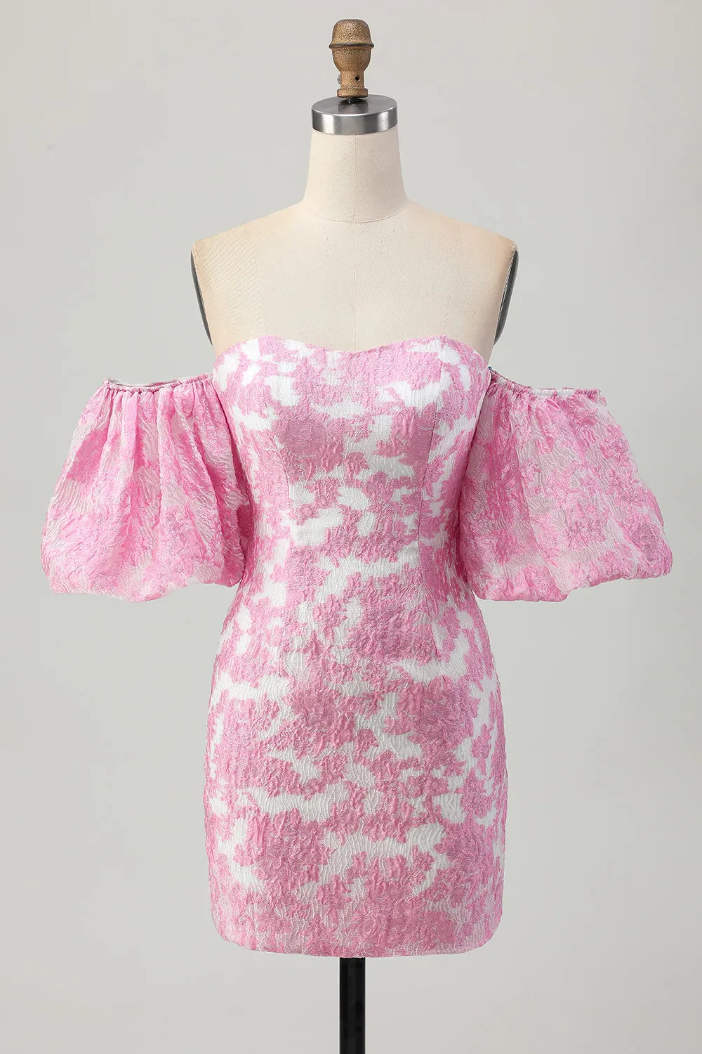 Strapless Detachable Puff Sleeves Jacquard Lace-Up Back Bodycon Mini Homecoming Dress