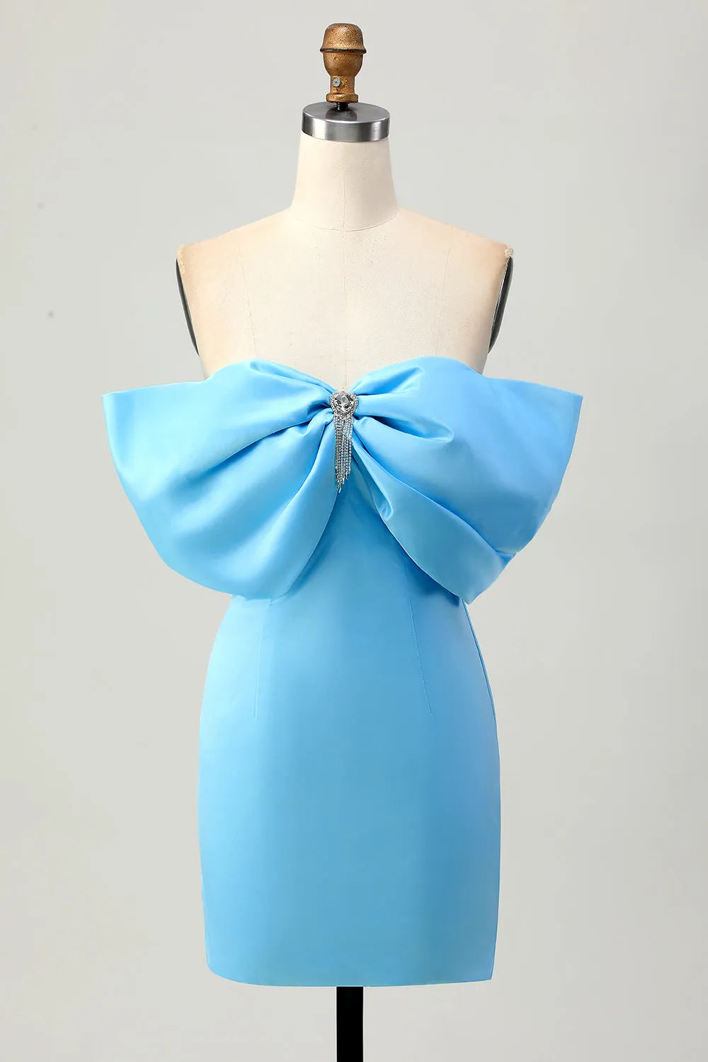 Strapless Off the Shoulder Oversized Bow Rhinestone Fringe Satin Bodycon Mini Homecoming Dress
