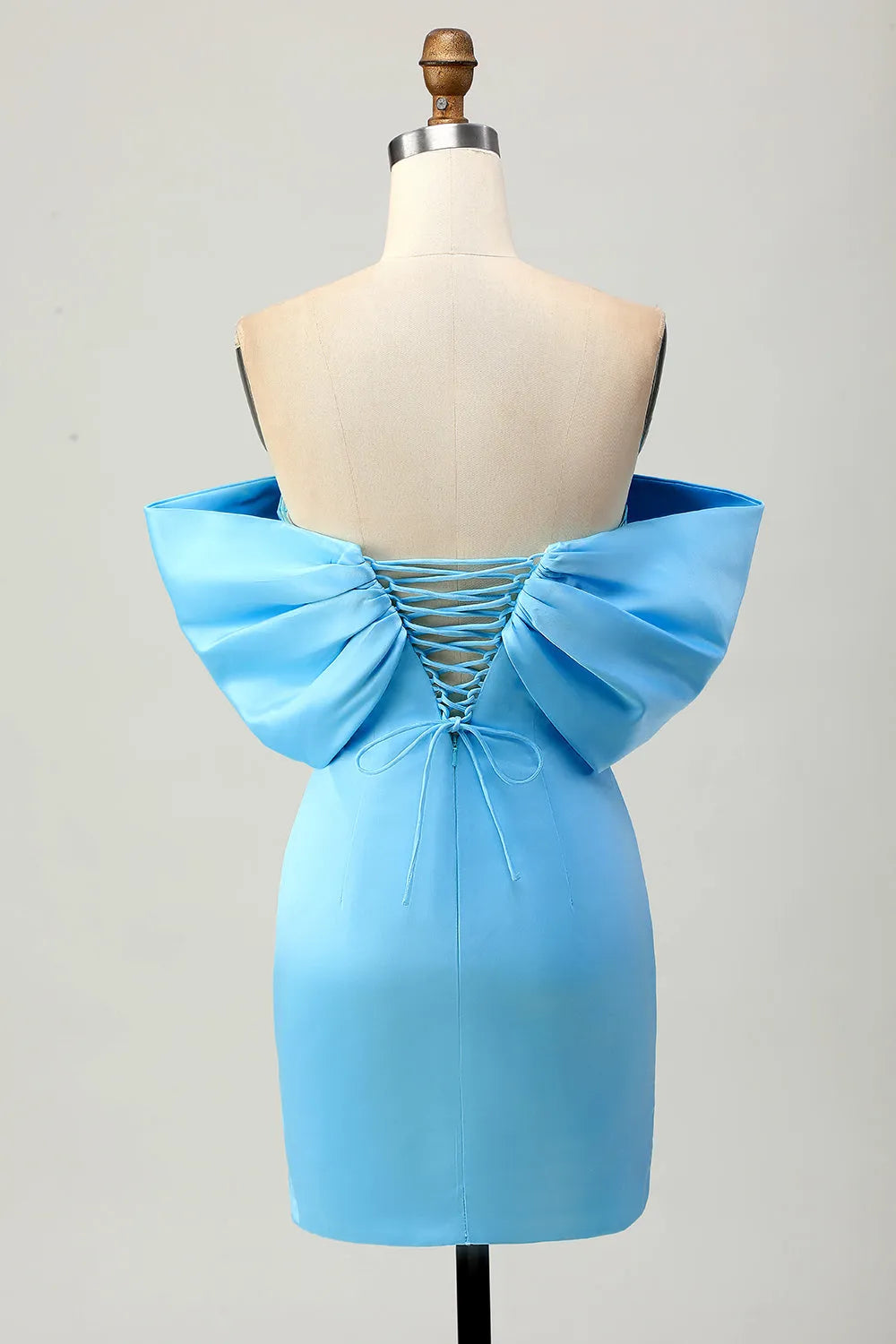 Strapless Off the Shoulder Oversized Bow Rhinestone Fringe Satin Bodycon Mini Homecoming Dress