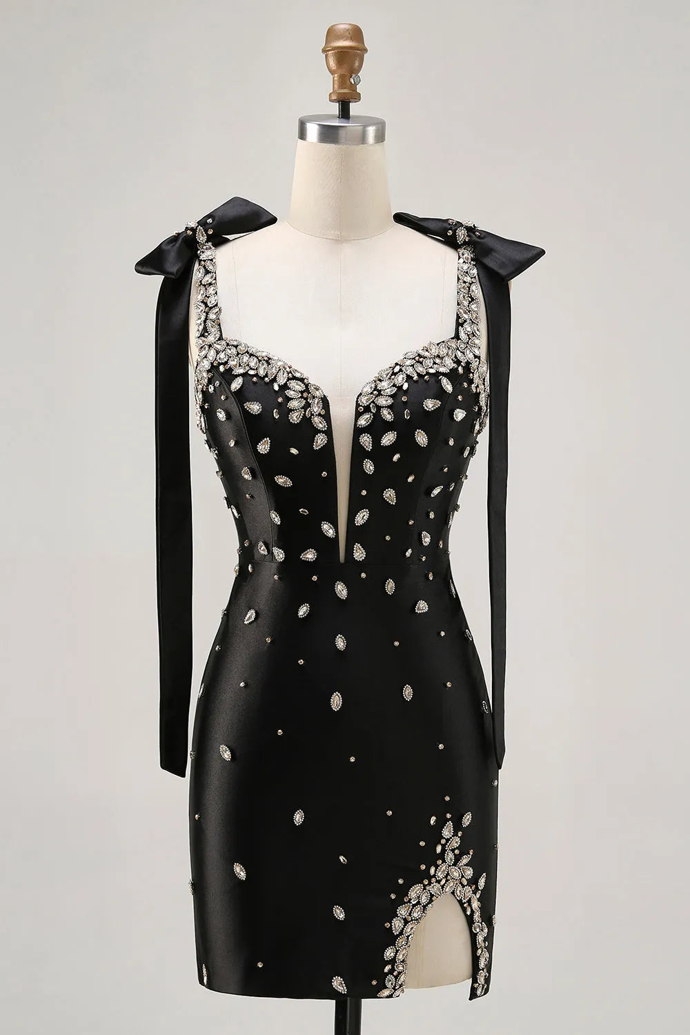 Crystal Embellished Plunging V-Neck Homecoming Dress Bow Strap Mini Cocktail Party Gown