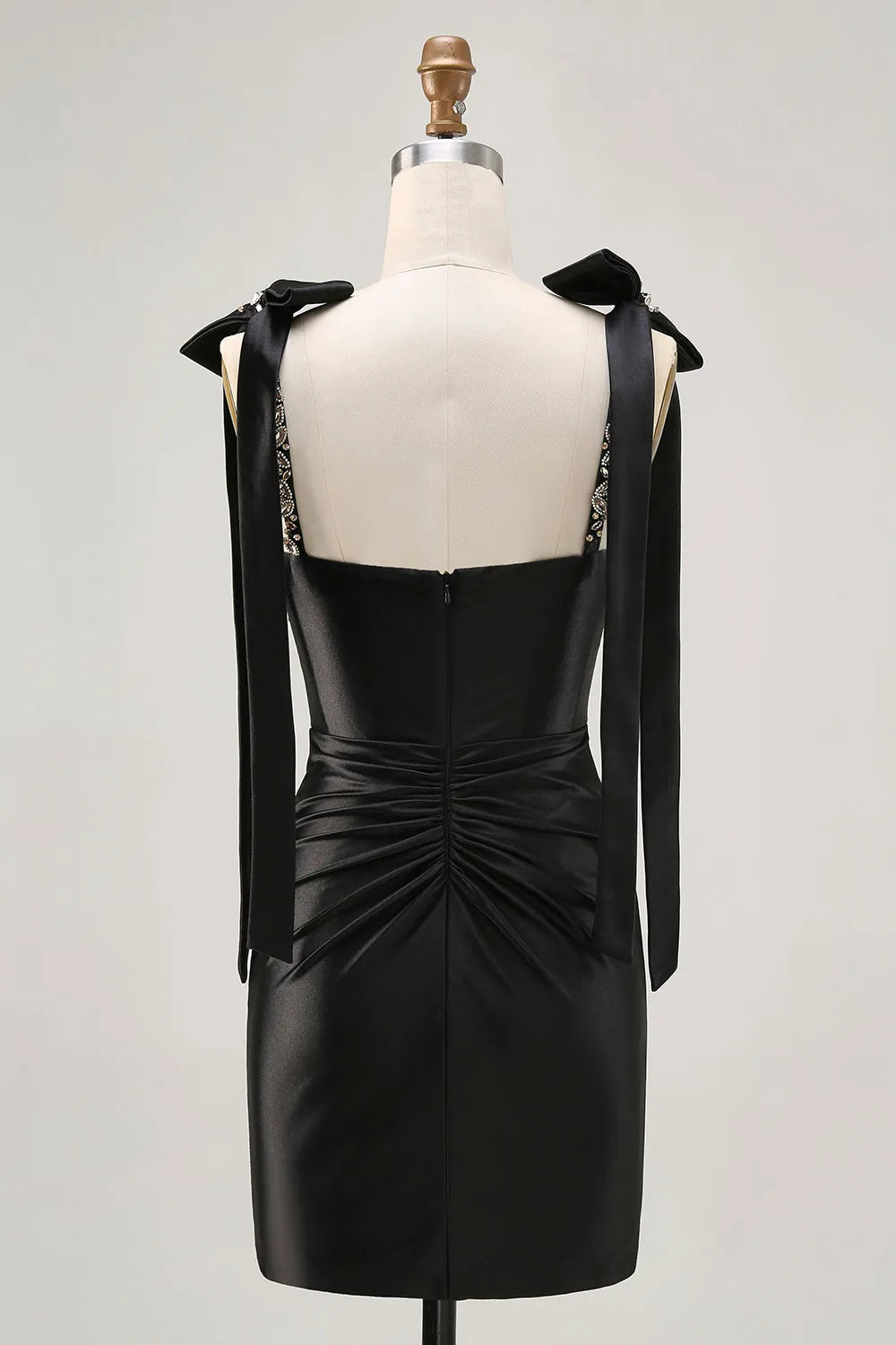 Crystal Embellished Plunging V-Neck Homecoming Dress Bow Strap Mini Cocktail Party Gown