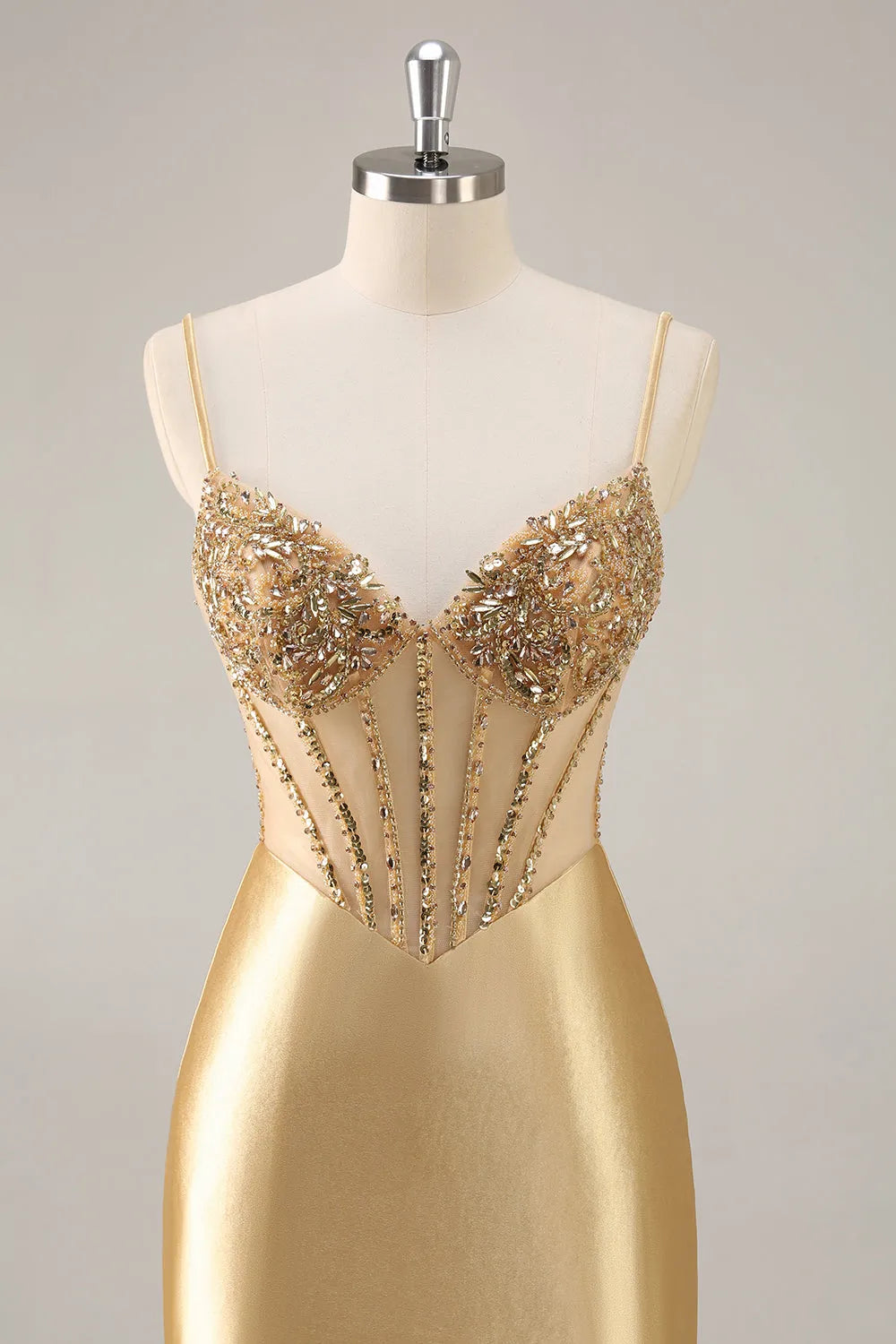 Beaded Rhinestone Sheer Corset Spaghetti Strap Satin Bodycon Mini Homecoming Dress