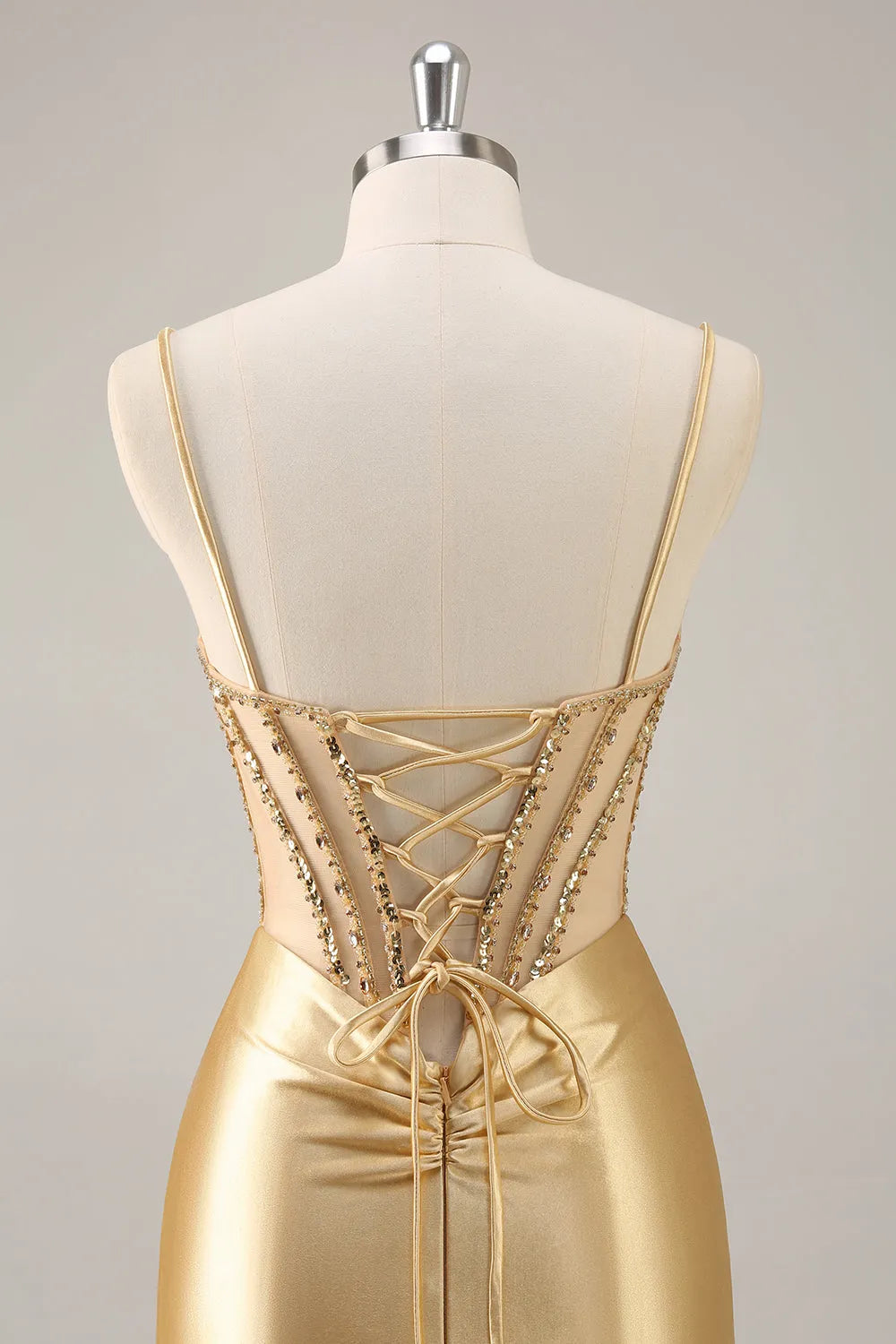 Beaded Rhinestone Sheer Corset Spaghetti Strap Satin Bodycon Mini Homecoming Dress