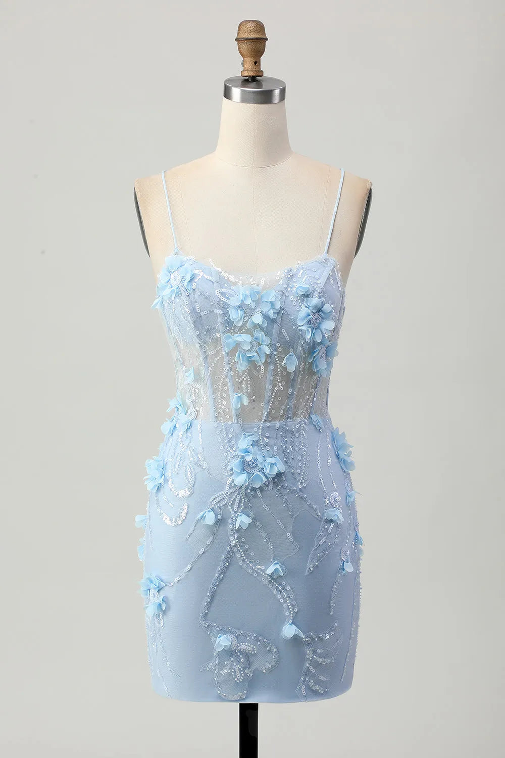 Romantic Spaghetti Strap Floral Appliqué Lace-Up Homecoming Dress with Sheer Corset