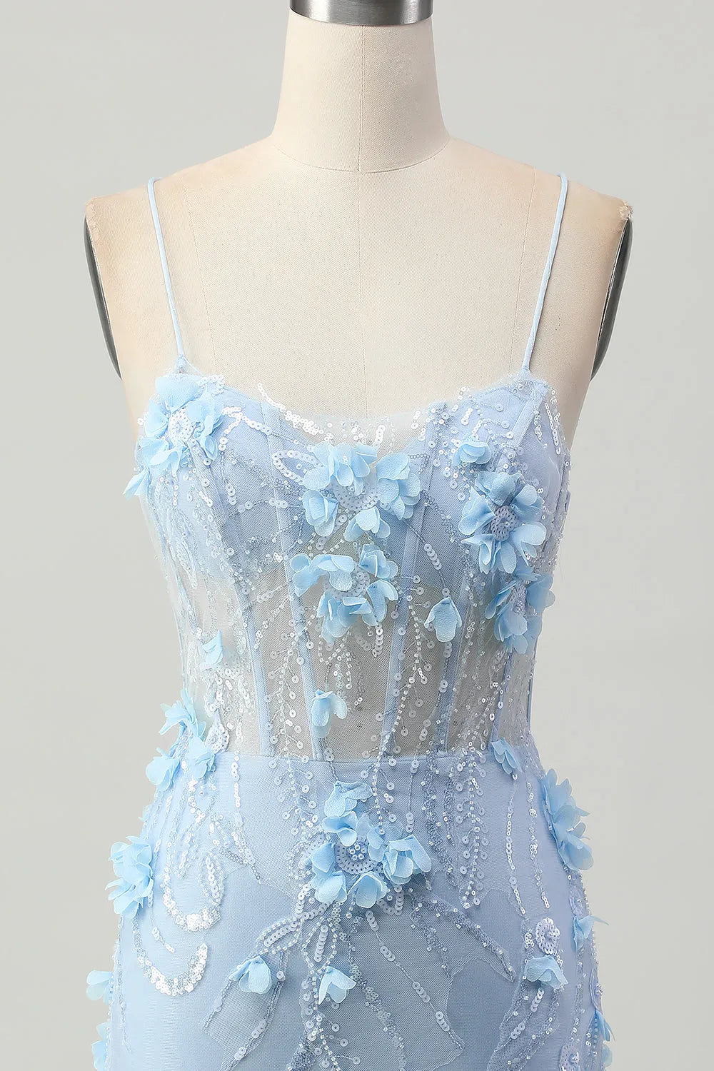Romantic Spaghetti Strap Floral Appliqué Lace-Up Homecoming Dress with Sheer Corset