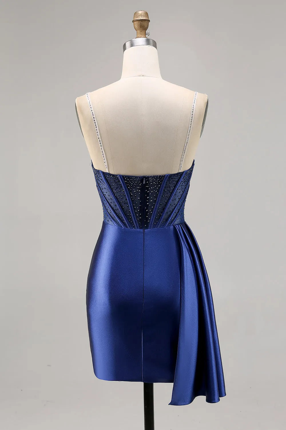 Crystal Embellished Corset Mini Party Homecoming Dress with Dramatic Side Drape