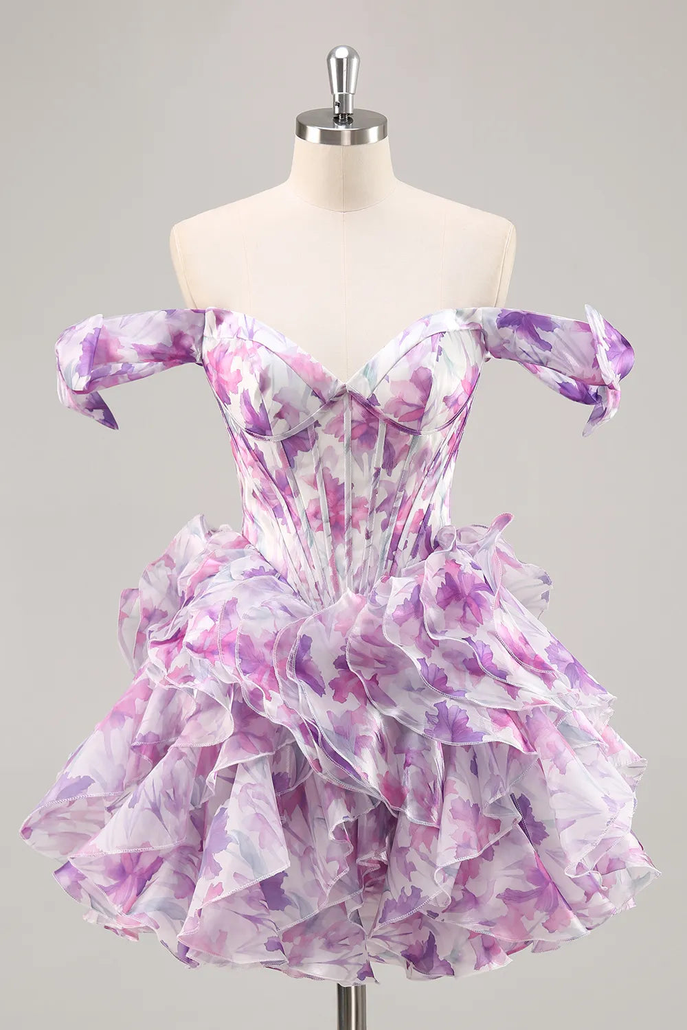Off-the-Shoulder Bow Detail Sweetheart Corset Tiered Ruffle Floral Print Mini Homecoming Dress