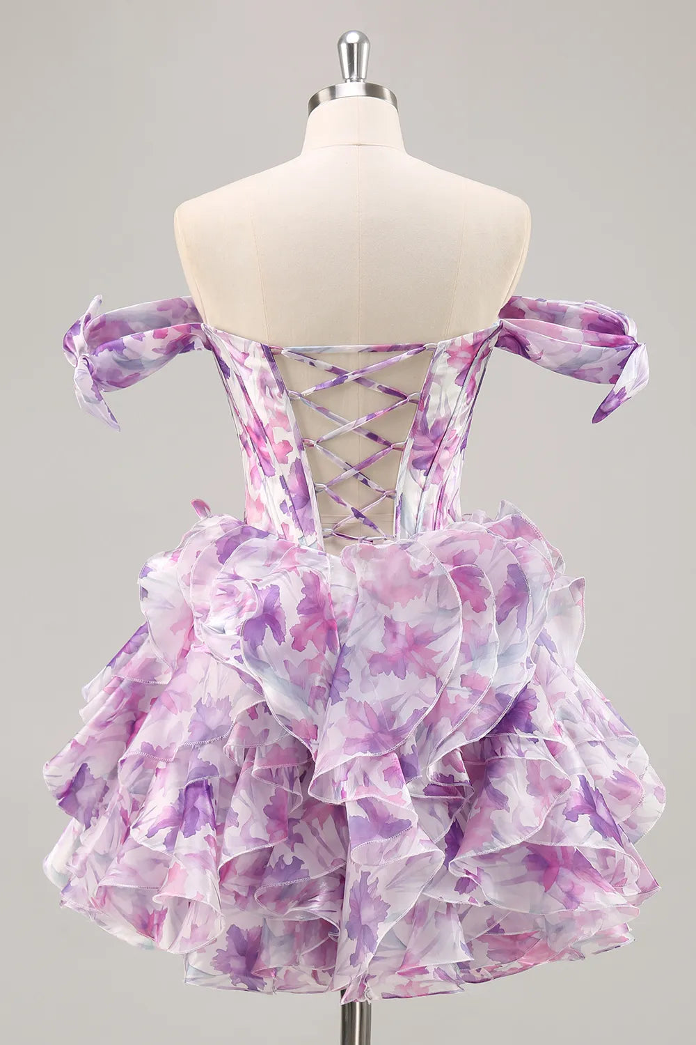 Off-the-Shoulder Bow Detail Sweetheart Corset Tiered Ruffle Floral Print Mini Homecoming Dress