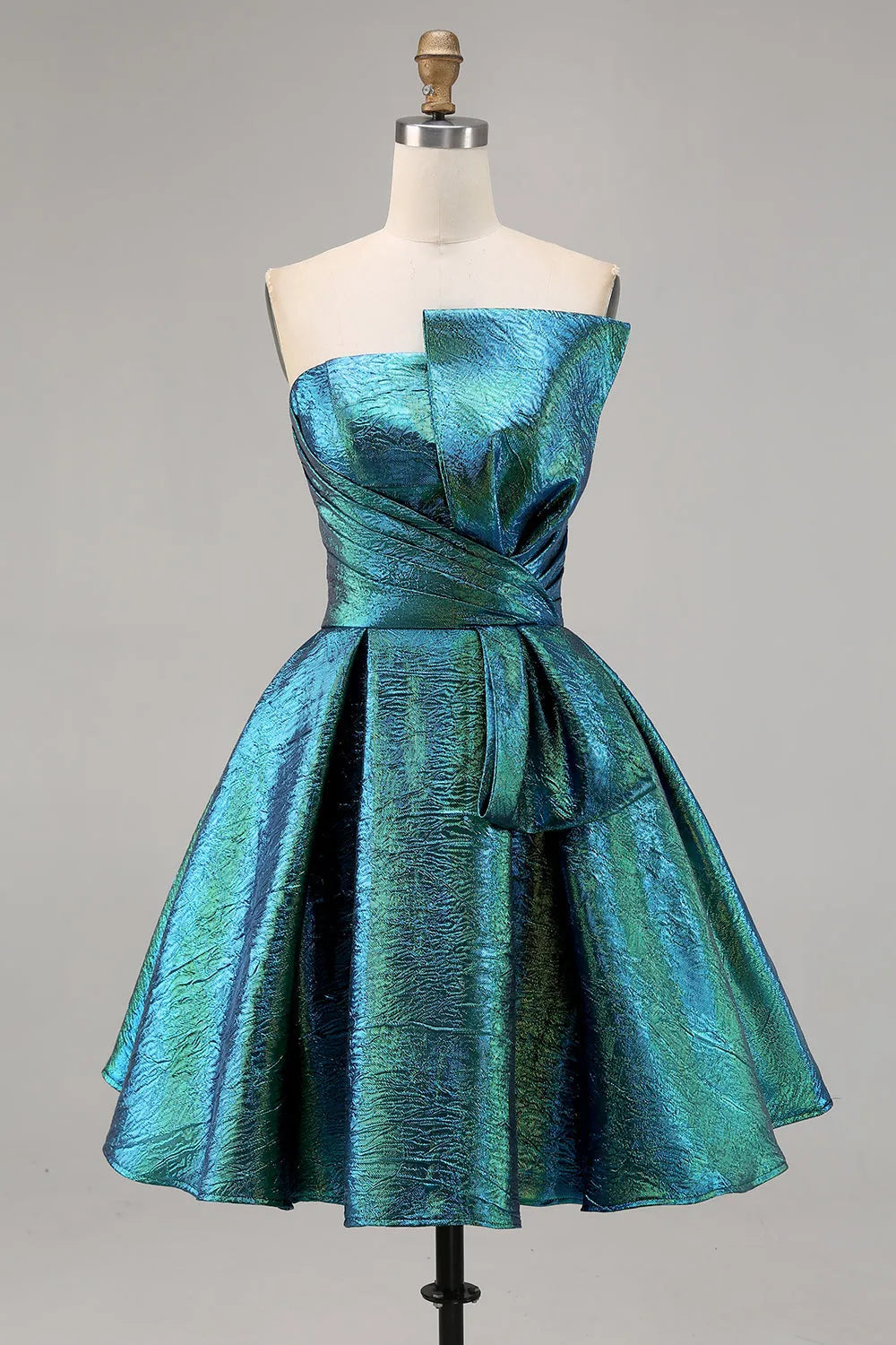 Strapless Iridescent Metallic Bow Detail A-Line Mini Homecoming Dress
