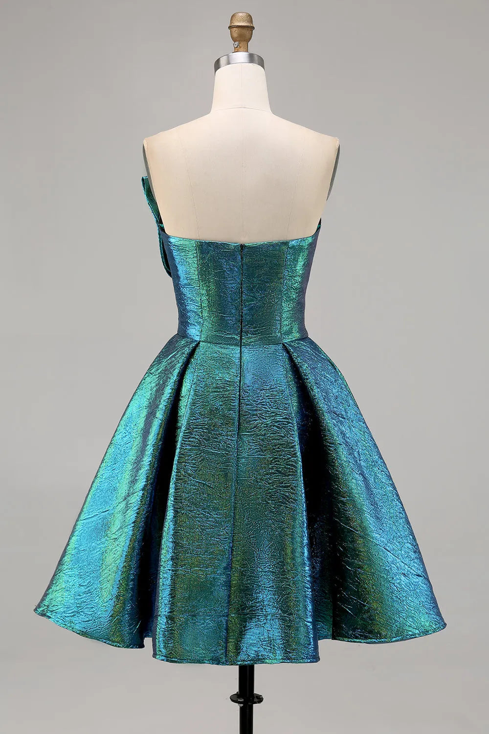 Strapless Iridescent Metallic Bow Detail A-Line Mini Homecoming Dress