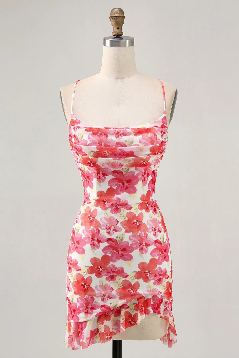 Floral Print Cowl Neck Spaghetti Strap Ruffled Hem Bodycon Mini Homecoming Dress