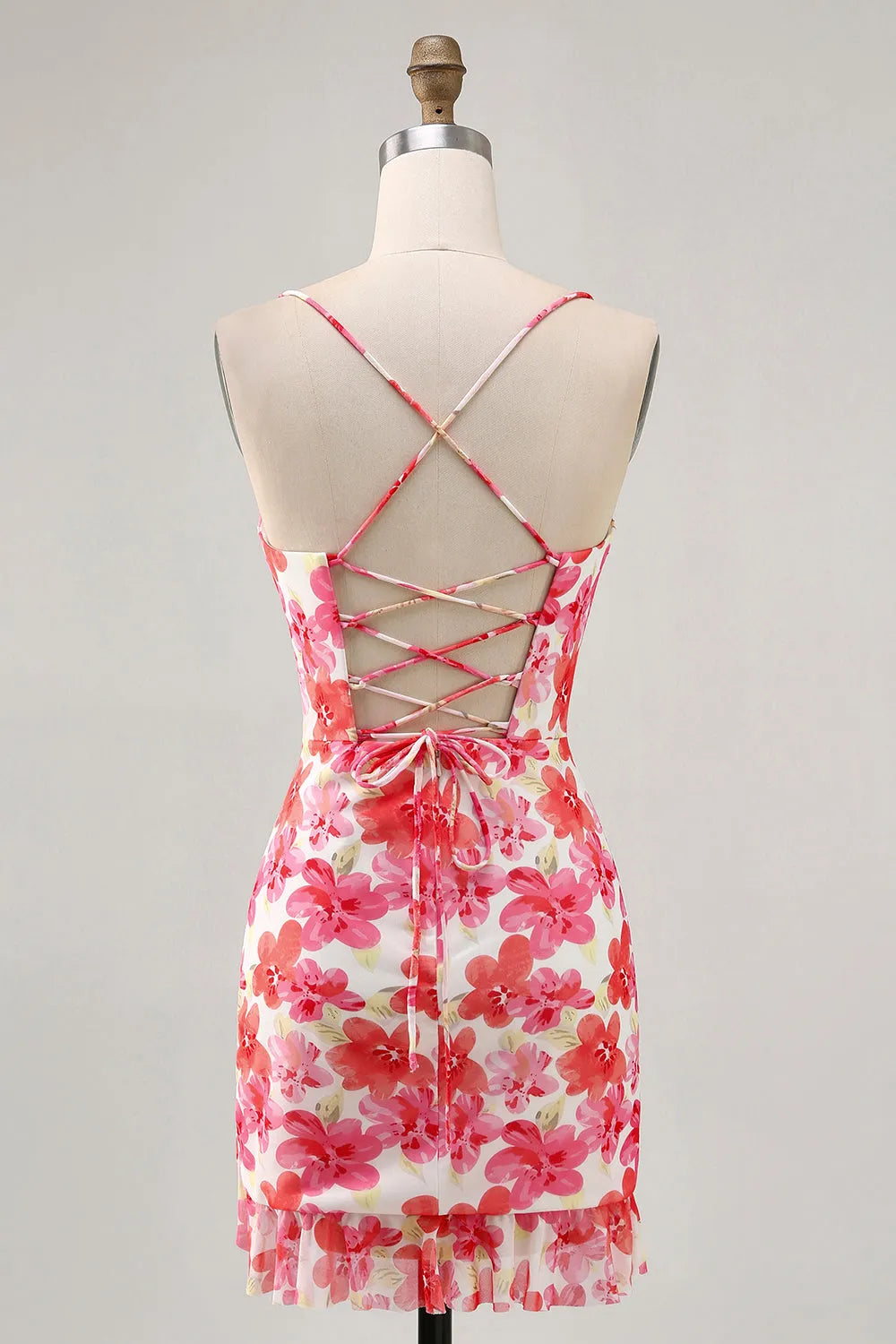 Floral Print Cowl Neck Spaghetti Strap Ruffled Hem Bodycon Mini Homecoming Dress