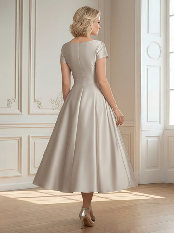 Elegant LvoryMother of the Bride Dress - Short Sleeve, Pleated Bodice, Satin A-Line Midi Gown