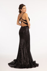 Women's Sequin Mermaid Evening Gown Spaghetti Strap Deep V-Neck with Scalloped Trim, High Slit and Train Formal Prom Dress for Wedding Guest & Party