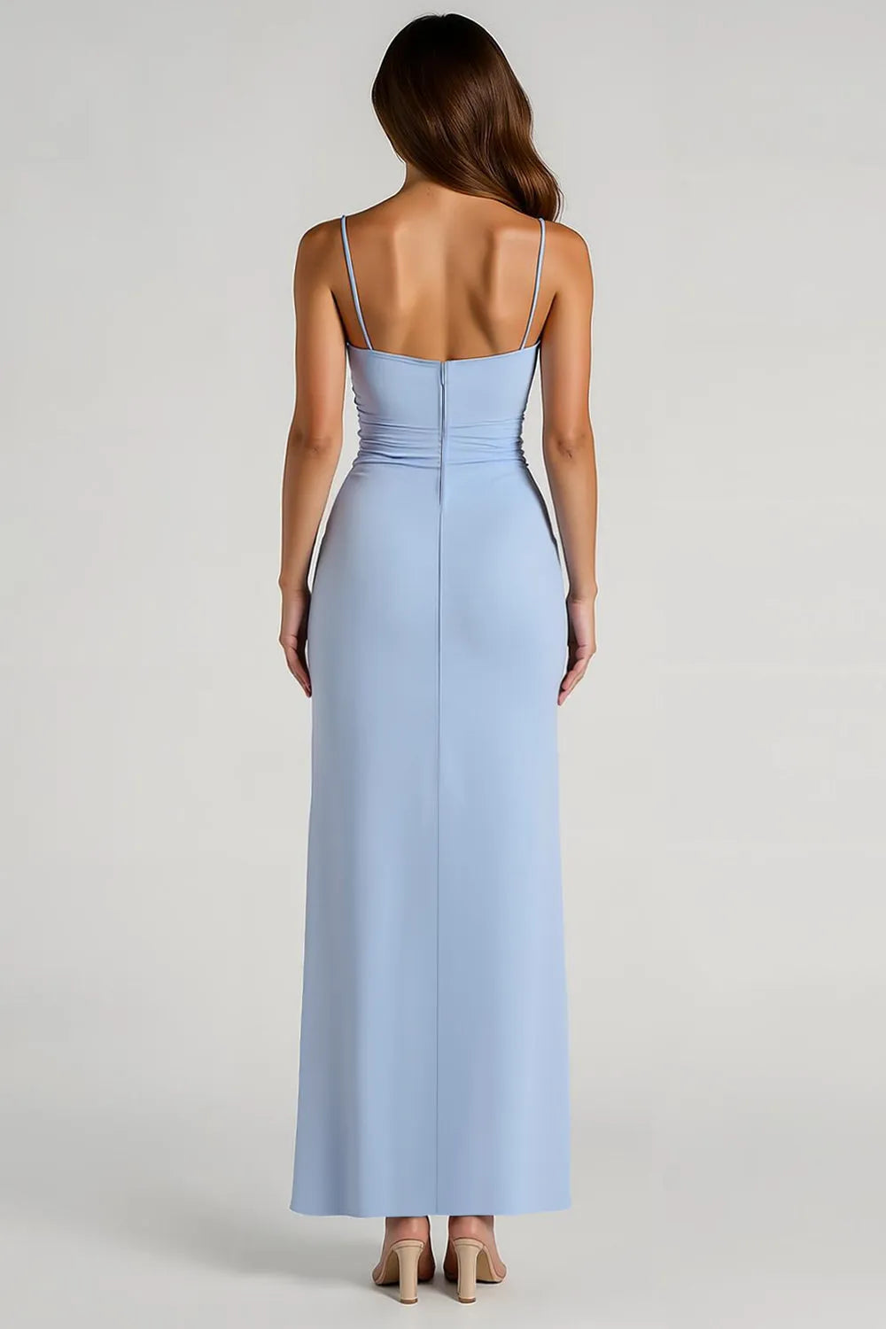 Light Blue Spaghetti Strap Ruched Maxi Dress with High Slit