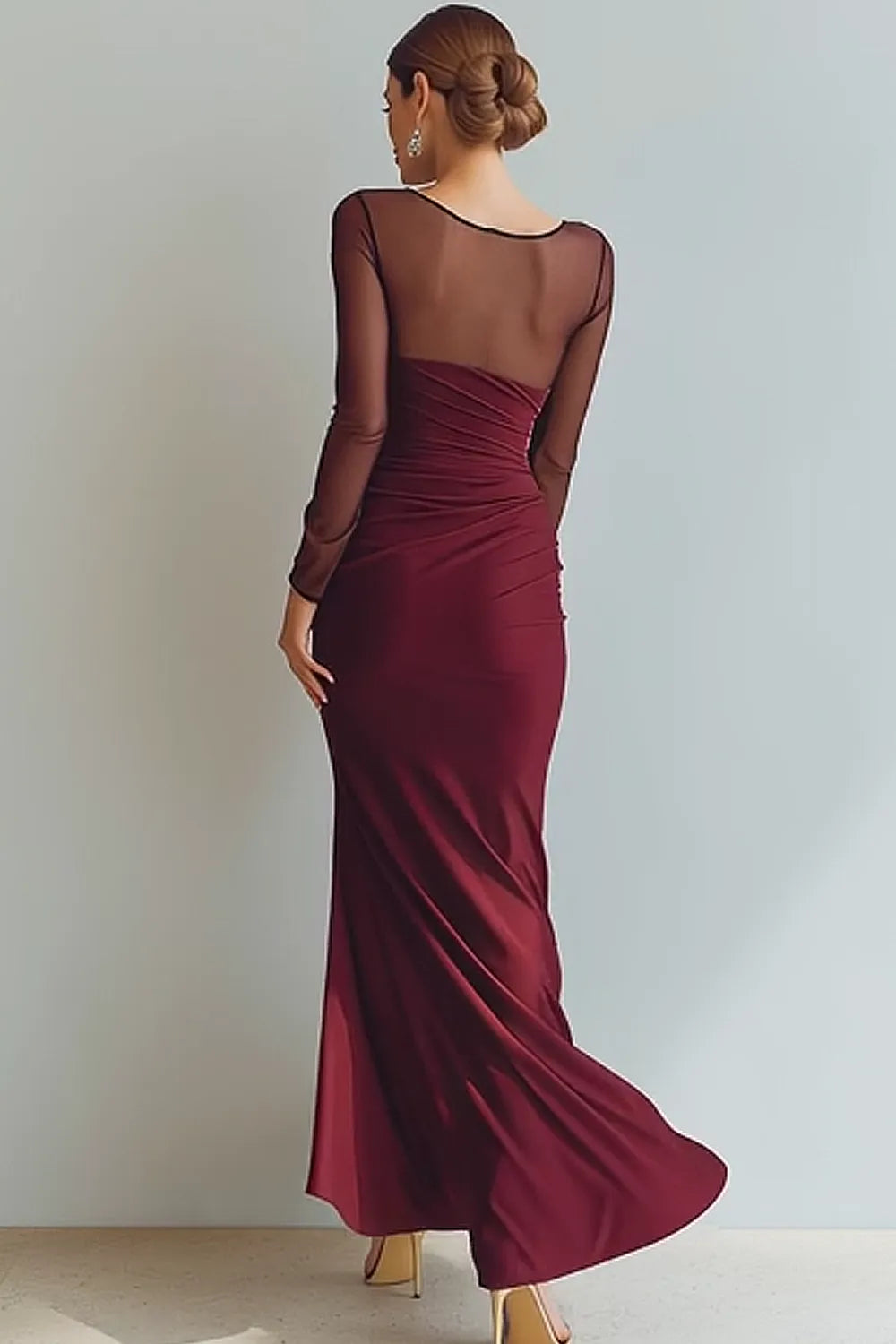 Long Sleeve Mesh Illusion Sweetheart Ruched Gown with Slit