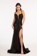 Women's Sequin Mermaid Evening Gown Spaghetti Strap Deep V-Neck with Scalloped Trim, High Slit and Train Formal Prom Dress for Wedding Guest & Party