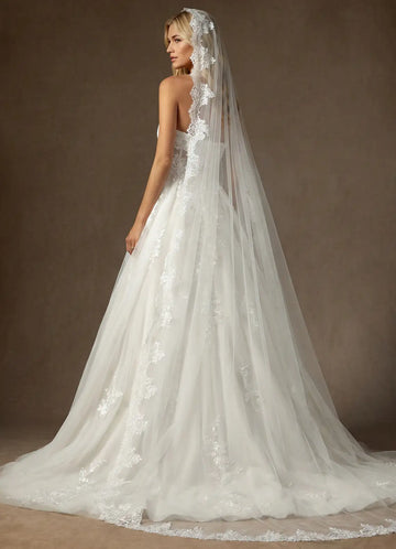 Romantic Sheer Tulle Floral Lace Cathedral Mantilla Bridal Wedding Veil