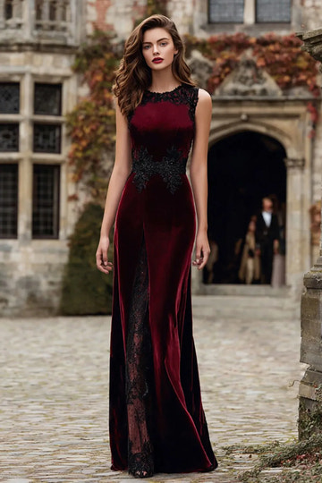 Burgundy Velvet Sleeveless Evening Gown with Black Lace Appliques & Front Slit