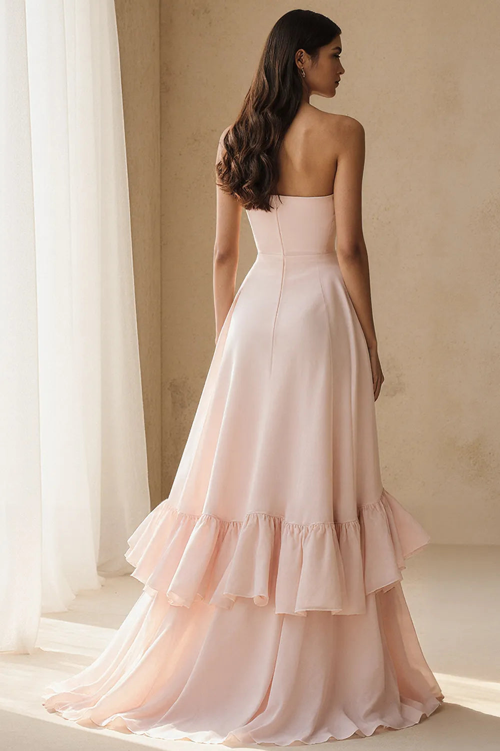 Strapless Tiered Ruffle Chiffon A-Line Formal Evening Gown