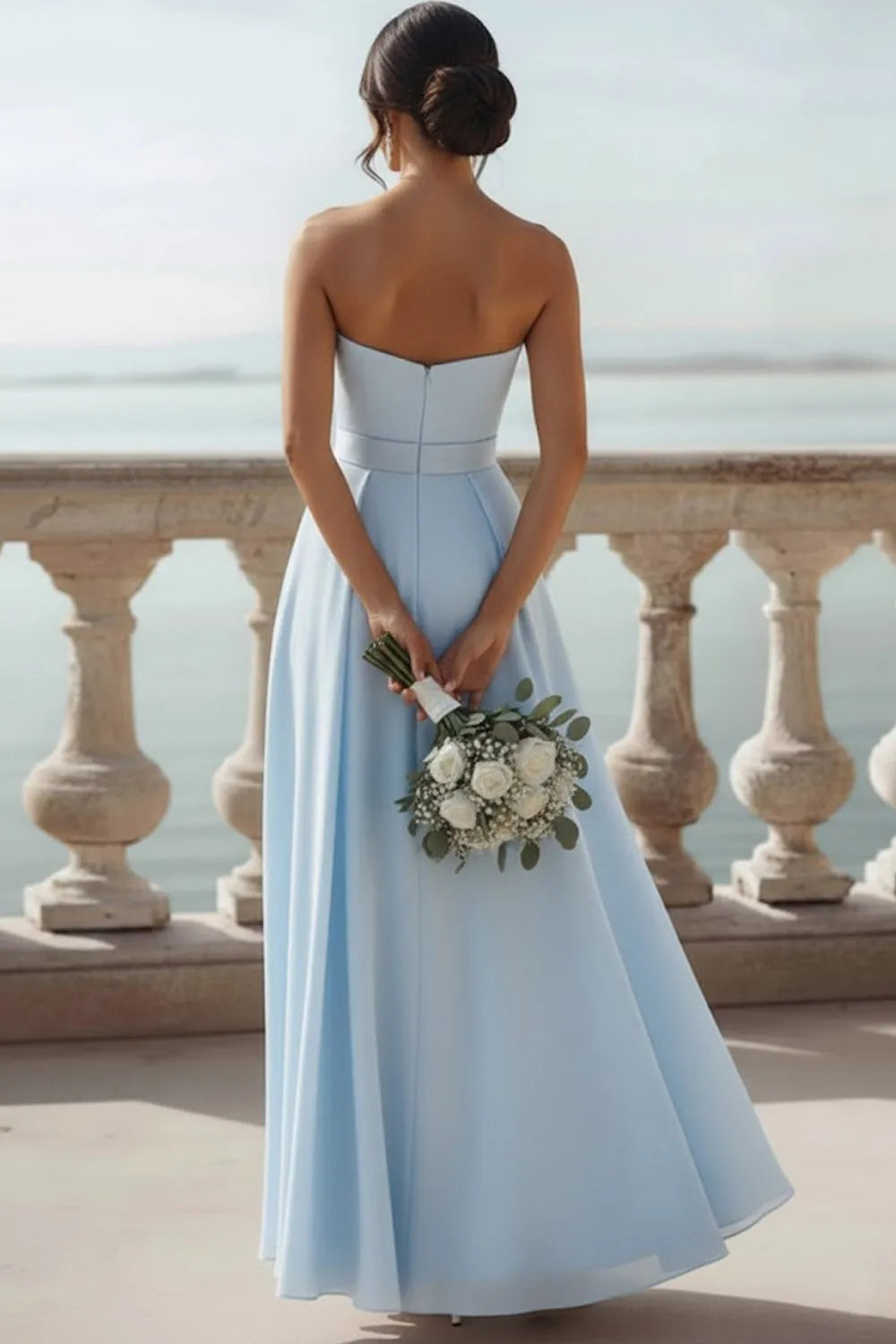 Light Blue Strapless Sweetheart Chiffon Bridesmaid Dress with Bow Sash