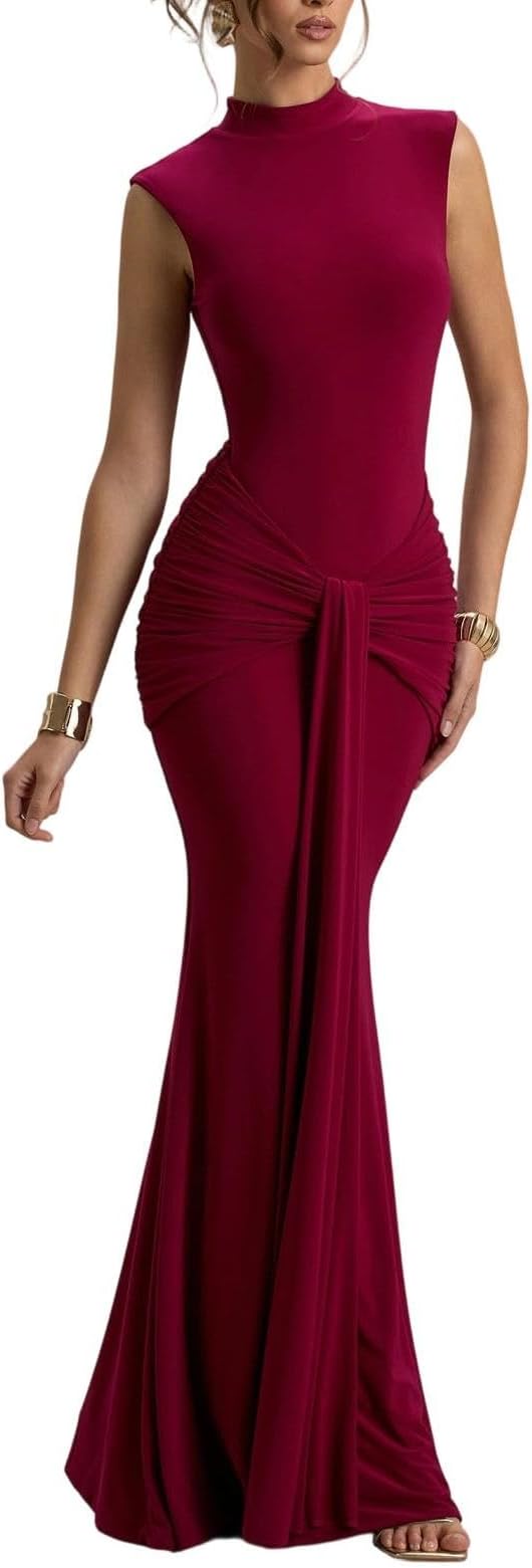 Sleeveless High Neck Ruched Knot Mermaid Maxi Dress