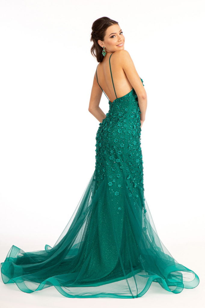 Vestido de Noche Sirena 3D Floral con Tirantes Finos y Escote en V, Tul Brillante y Cola, para Invitada de Boda y Gala