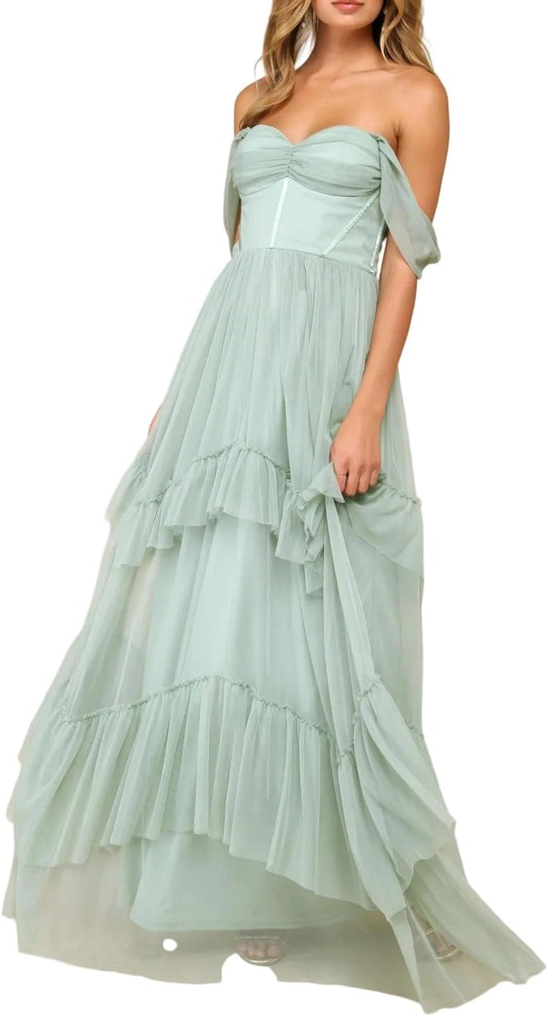 Vestido de noche de dama de honor largo hasta el suelo con escote corazón, corsé y volantes de tul, con hombros descubiertos