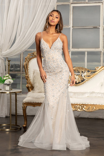 Vestido de Noche Sirena 3D Floral con Tirantes Finos y Escote en V, Tul Brillante y Cola, para Invitada de Boda y Gala