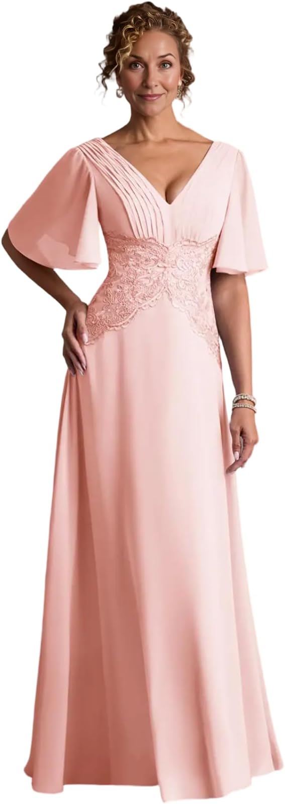 V-Neck Flutter Sleeve Lace Waist Chiffon A-Line Floor-Length Mother of the Bride Dress